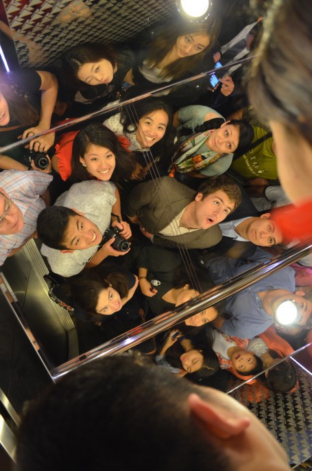 A portion of the class in the elevator ride 273m up to the top of the Pearl Tower. 
