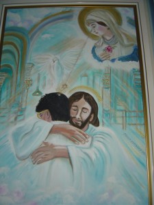 A painting in the main Casa meditation hall depicts Mary watching Jesus embrace John of God.  One of many Christian images linking John of God to Jesus at the Casa. 