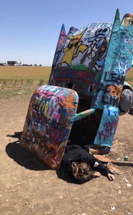 Kerrigan makes an unplanned pit stop at the Cadillac Ranch in Texas.
